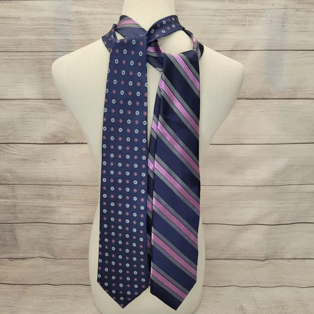 Grant Thomas Lot of 2 Neck Ties Navy, Gray, Purple Prints